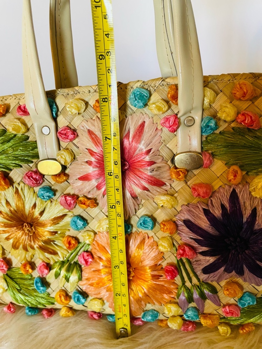 VTG Handbag Straw Raffia Floral Woven Bag Mid Century Philippines Colorful Purse - Picture 11 of 13